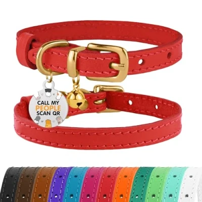 Abbildung von BRONZEDOG Katzenhalsband aus Leder mit Glöckchen, Nicht abreißbar, QR Tag für Mädchen und Jungen (Rot Gold, 18 23 cm)