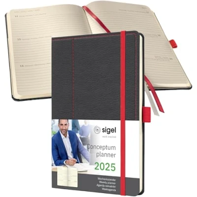 Abbildung von SIGEL C2555 Terminplaner Wochenkalender 2025, Lederoptik, ca. A5, dunkelgrau/rot, Hardcover, 192 Seiten, Gummiband, Stiftschlaufe, Archivtasche, aus nachhaltigem Papier, Conceptum