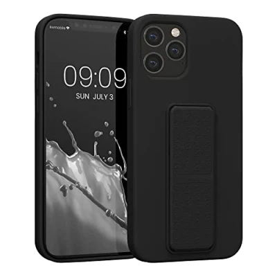 Abbildung von kwmobile Handyhülle kompatibel mit Apple iPhone 12 / Pro Hülle Fingerhalter und Standfunktion Silikon Case Handy Cover in Schwarz