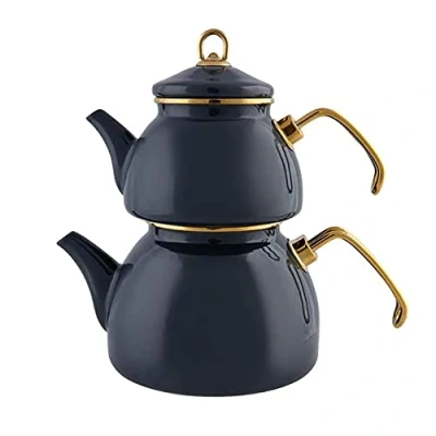 Abbildung von Karaca Teekanne Retro Teekessel Emaille Teekannen Set, Anthrazit, Teeaufguss 1,1L