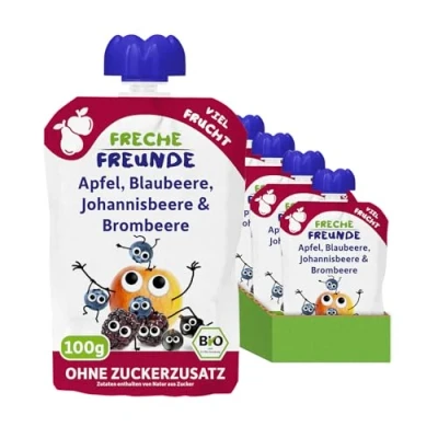 Abbildung von FRECHE FREUNDE Bio Quetschie Apfel, Blaubeere, Johannisbeere &amp; Brombeere, Fruchtmus im Quetschbeutel für Babys ab dem 6. Monat, glutenfrei vegan, 6 er Pack (6 x 100g)