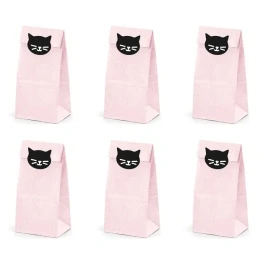 Abbildung von partydeco Papierdekoration, Papiertüten mit Katzen Aufklebern 6er Set rosa schwarz