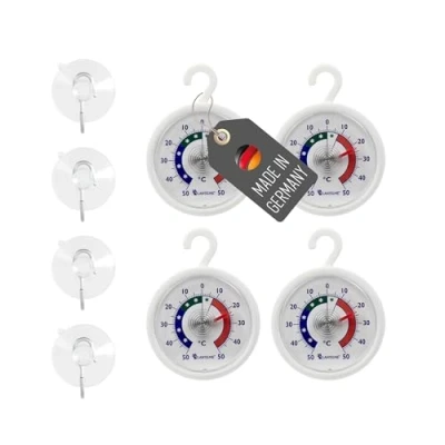 Abbildung von Lantelme 4 Stück Kühlschrankthermometer Bimetall Saugnapf und Klebepad anbei Ø 5,2cm Farbe Weiss, farbige Skala Temperatur Analog 50C bis Gefrierschrank, Kühltheke, Thermometer (4)