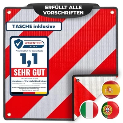 Abbildung von MATADORES Premium 3in1 Warntafel Für Italien UND Spanien + Portugal Tasche Aluminium, 50x50cm, reflektierend Fahrradträger/Heckträger