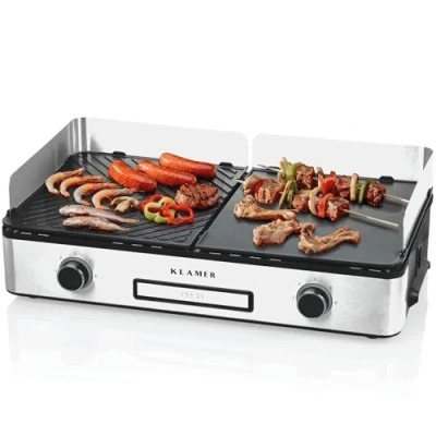 Abbildung von KLAMER Elektrogrill Antihaftbeschichtete und abnehmbare Duo Platten, separate Temperature…, 2400 W, 2 Grillplatten, Temp. Regler, Premium Antihaft