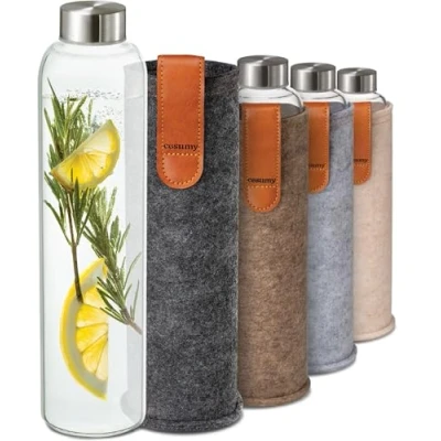Abbildung von Cosumy Trinkflasche 750ml mit Filzhülle Robustes Borosilikatglas Auslaufsicher, Anthrazit BPA freie Wasserflasche für Kohlensäure geeignet