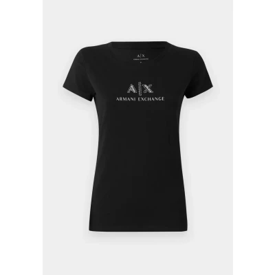 Abbildung von Armani Exchange Women&#039;s Crewneck Slim fit Rhinestone Ax Logo Tee T Shirt, Black, Large
