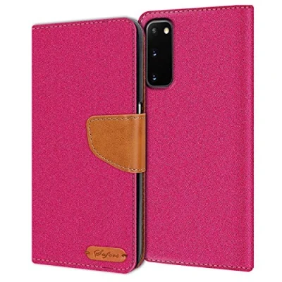 Abbildung von Verco kompatibel mit Samsung Galaxy S20 Hülle, Schutzhülle für Tasche Denim Textil Book Case Flip Klapphülle Pink