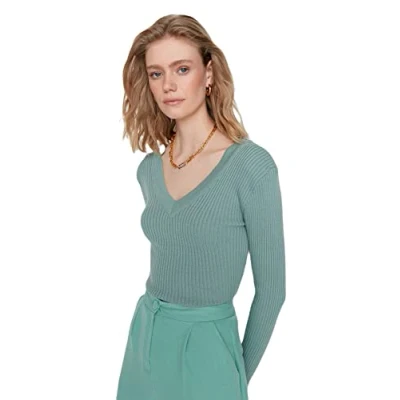 Abbildung von TRENDYOL Damen Pullover mit U ausschnitt, Einfarbig Sweatshirt, Mint, M EU