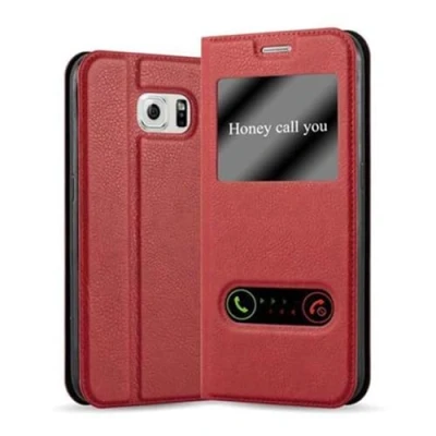Abbildung von Cadorabo Hülle kompatibel mit Samsung Galaxy S6 Sichtfenster aus Premium Kunst Leder Flip Klappbare Stoßfeste Magnetische [Standfunktion] [Kartenfächern] Cover für Tasche in Rot