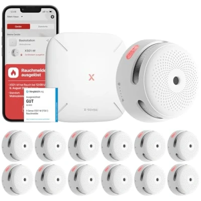 Abbildung von X Sense Smart Rauchmelder XS01 M mit SBS50 Basisstation, Zertifiziert nach EN 14604, Funkrauchmelder WLAN, vernetzbarer Feuermelder, kompatibel der Home Security App, FS121, 12 Stück