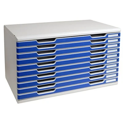 Abbildung von Exacompta 324003D Schubladenbox und Ablagesystem Modulo DIN A3 mit 10 Schubladen 350 x 576 320 mm Belastbare hoher Kapazität für mehr Platz grau/blau