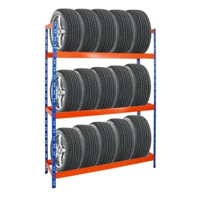 Abbildung von PROREGAL Reifenregal Tiger XL HxBxT 200x150x45 cm 300kg Fachlast bis zu 18 Reifen (205/55 R16) Blau/Orange Werkstattregal, Lagerregal, Kellerregal