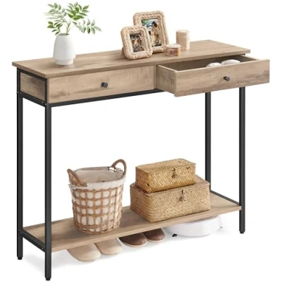 Abbildung von VASAGLE Konsolentisch, Flurtisch, Beistelltisch, Sofatisch mit 2 Schubladen, Stahlgestell, Flur, Wohnzimmer, Industrie Design, Kamelbraun tintenschwarz LNT015W01