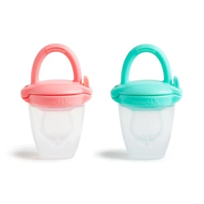Abbildung von Munchkin Baby Silikon Essensspender Ideal für unterwegs Beutel pürierte Lebensmittel Selbstfütterungs Reise Essentials BPA frei Ab 4m+ 2pack Pink &amp; Grün