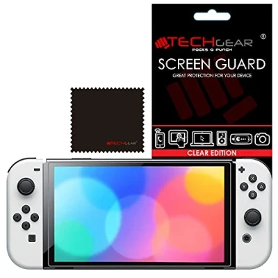 Abbildung von TECHGEAR Switch OLED Schutzfolie Ultra Klare Displayschutz mit Reinigungstuch + Applikationskarte kompatibel Nintendo