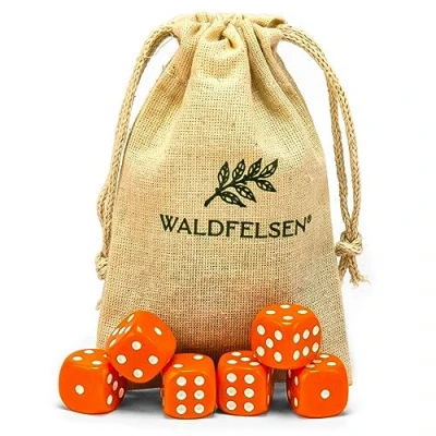 Abbildung von Waldfelsen 6, 12, 20, 30 oder 50 hochqualitative Würfel Standardgröße 16 mm Acrylwürfel Knobel Spielwürfel Dice 6 seitig sechsseitig Spielzubehör Set mit Stoffbeutel (Orange, 12 Stück)