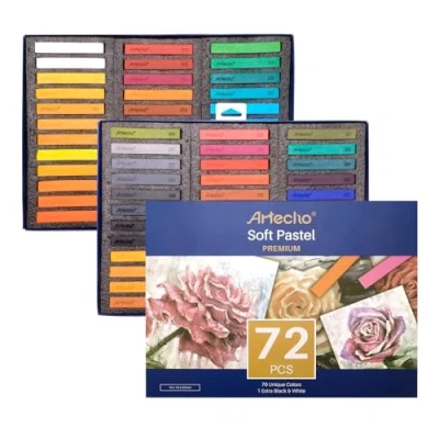 Abbildung von Artecho Pastellkreide 72er Premium Set, 70 Farben Darunter 4 Fluoreszierende Farben, Extra Schwarz &amp; Weiß, Ideal für Künstler, Hobbymaler, Schule, Kunstunterricht.