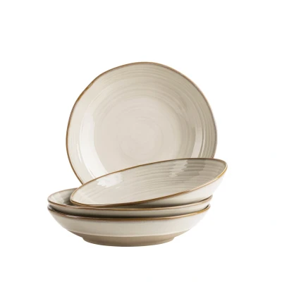 Abbildung von MÄSER Serie Nottingham, 4er Suppenteller Set mit filigranem Linienspiel und edler Glasur, große tiefe Teller für Pasta Suppen aus Keramik in modernem Vintage Look, Steinzeug, Beige