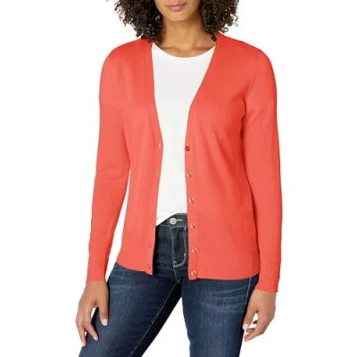Abbildung von Amazon Essentials Damen Leichter Cardigan mit V Ausschnitt (in Übergröße erhältlich), Korallenrosa, XS