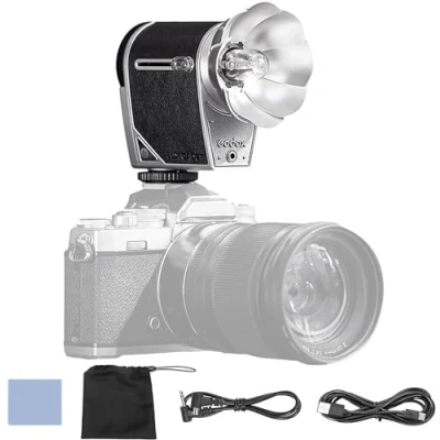 Abbildung von GODOX lux Cadet Retro Kamerablitz GN10, 6200 K ± 300 K, Farbtemperatur, automatische und manuelle Blitzmodi, 28 mm Brennweite mit 1700 mAh Akku kompatibel Canon, Nikon, Sony, Fujifilm, Olympus