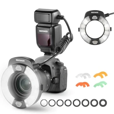 Abbildung von NEEWER RF1 C Makro Ring Blitz Kompatibel mit Canon 76W GN15 5600K E TTL Flash Beleuchtung 1 1/128 Ausgang, vordere /Hinterevorhang Synchronisation, Farbgele, Objektiv Adapterringe für Fotografie