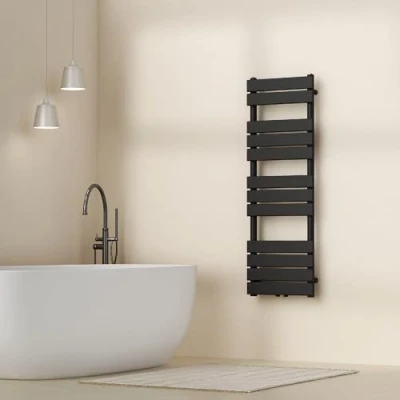 Abbildung von [neu.haus] Handtuchheizkörper Voss Badheizkörper Handtuchwärmer Handtuchtrockner mit Warmwasser Heizgerät Lamellen Mittelanschluss Wandmontage 120x40cm Schwarz