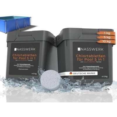 Abbildung von NASSWERK® Pooltabs Multitabs 5 in 1 (10kg) 200g Chlortabletten mit Algizid, pH Stabilisator, Flockungsmittel &amp; Reiniger Langzeit clortabellten Pool für optimales Poolwasser Multitaps
