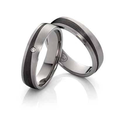 Abbildung von Paar Trauringe Eheringe Verlobungsringe Titan Carbonringe mit Diamant 0,015ct Partnerringe Hochzeitsring Antragsring für Sie und Ihn (Gravur/Etui) 3848