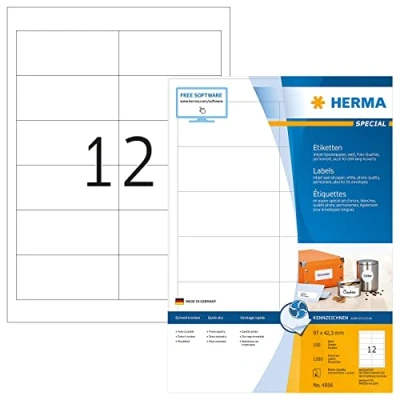 Abbildung von HERMA 4816 Adressetiketten für Inkjet Drucker, 100 Blatt, 97 x 42,3 mm, 12 pro A4 Bogen, 1200 Stück, selbstklebend, bedruckbar, matt, blanko Adressaufkleber Etiketten Tintenstrahldrucker, weiß