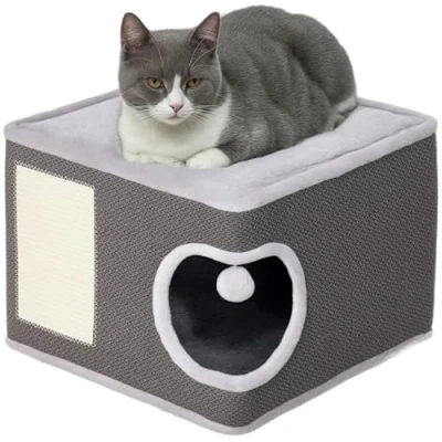 Abbildung von PawHut Kratztonne 35 cm hoch, mit Höhle, Spielball, aus Sisal, (Katzentonne, 1 tlg., Katzenbaum), für Katze bis 6 kg, Dunkelgrau+Cremeweiß
