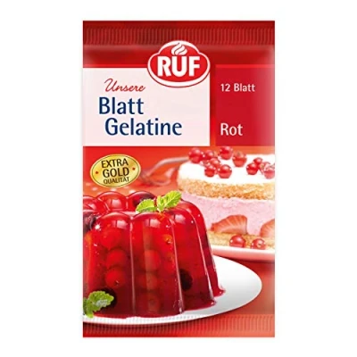 Abbildung von RUF Blattgelatine rot, mit echtem Karmin, zur Verwendung bei Überzügen, beim Gelieren, für Füllungen, Desserts und Backwaren, glutenfrei, 50er Pack (50x12 Blatt)