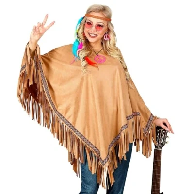 Abbildung von Fun World Kostüm Poncho braun, Leichter Überwurf mit Fransen zur Kombination als Hippie
