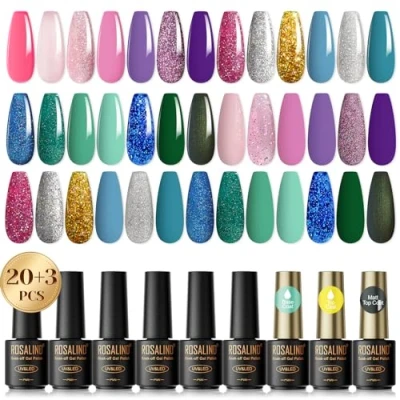 Abbildung von ROSALIND UV Nagellack Set, 23 Stück Mini Farbgel für Gelnägel Rosa Nackt Lila Blau Grün Glitzer Shellac Gel Soak Off Natur Gellack Anfänger Nail Art Maniküre Salon