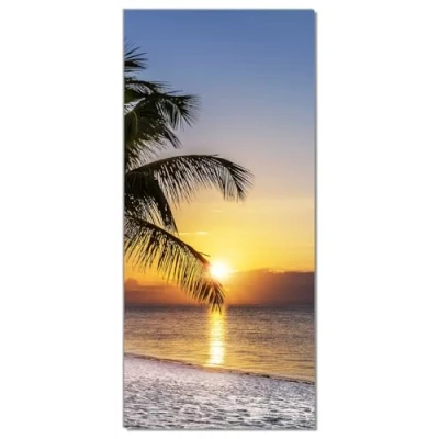 Abbildung von Wallario Selbstklebende Türtapete Palme am Strand Sonnenuntergang über dem Meer Türposter 93 x 205 cm Abwischbar, rückstandsfrei zu entfernen