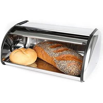 Abbildung von Domotti Brotbehälter aus Edelstahl 36 x 23 15 cm Brotkasten Brotbox Brotaufbewahrung Rollbrotkasten Klappkasten Brotkorb Rolldeckel
