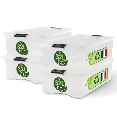 Abbildung von Iris Ohyama Aufbewahrungsboxen mit Deckel, 32L, 4er Set, Transparent, Sicherer Verschluss, Stapelbar, Griffe, Schlafzimmer, Schrank, Büro, Organisation, BPA freies Plastik, Ordnungsboxen, BSB 32