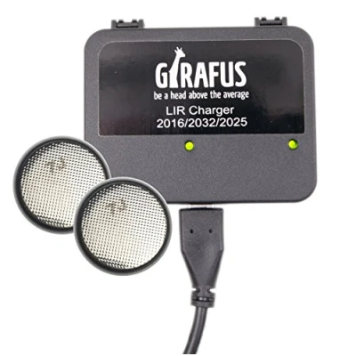 Abbildung von Girafus Knopfzellen Ladegerät für LIR 2032/2016 2025 Akkus USB Batterieladegerät inklusive 2X LiR2032 3.7Volt (ersetzen CR2032 Batterien) Akkuladegerät