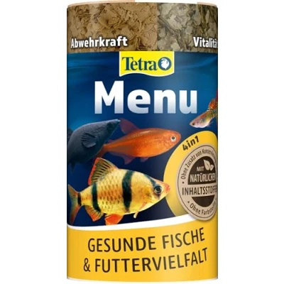 Abbildung von Tetra Menu Fischfutter Hauptfuttermix mit 4 Spezialflocken in getrennten Kammern, abwechslungsreiches Futter für alle Zierfische, 250 ml Dose
