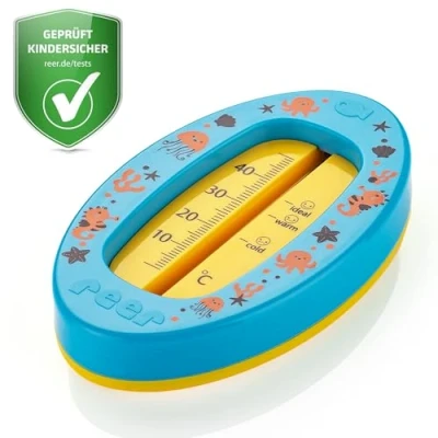 Abbildung von reer Baby Badethermometer oval kindersicheres Bade Thermometer Optimale Badetemperatur für die Wanne quecksilberfrei hoher Messbereich übersichtliche Skala Blau