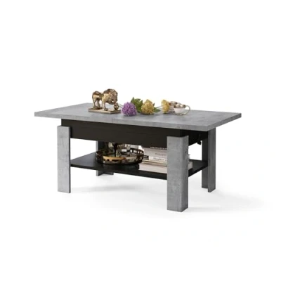 Abbildung von All4All Couchtisch Rino Kaffeetisch Wohnzimmertisch mit Ablage Sofatisch ausziehbar bis 170cm höhenverstellbar 130x65cm 05 Beton + Schwarz