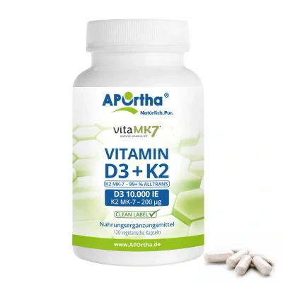Abbildung von APOrtha® Vitamin D3 10.000 IE + K2 vitaMK7® 200 µg vegetarische Kapseln 120 St