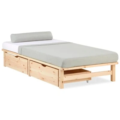 Abbildung von Homestyle4u Holzbett 90x200 Einzelbett Palettenbett Natur Holz Kiefer, inkl. Lattenrost und 2 Schubladen/Bettkästen
