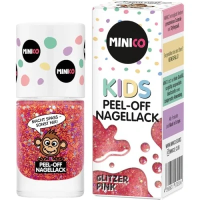 Abbildung von MINICO Premium Kinder Nagellack Glitzer Pink, abziehbar, dermatologisch getestet, kindgerecht, nachhaltig, vegan, wasserbasis, peel off entfernbar