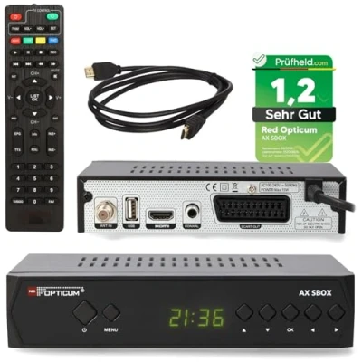 Abbildung von RED OPTICUM HD Sat Receiver für Satellitenschüssel mit Aufnahmefunktion, AAC LC Audio, PVR, HDMI, SCART, USB, Coaxial Timeshift &amp; Einkabel tauglich SBox Satelliten Set + HDMI Kabel