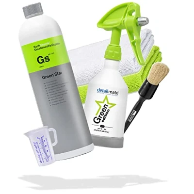 Abbildung von detailmate Green Star Set Auto Innenreinigung: Koch Chemie GreenStar Universalreiniger 1L + KWAZAR Mercury Sprühflasche Edition 0,5l ph 8 14 geeignet 2x Mikrofasertuch Valet Pro Pinsel