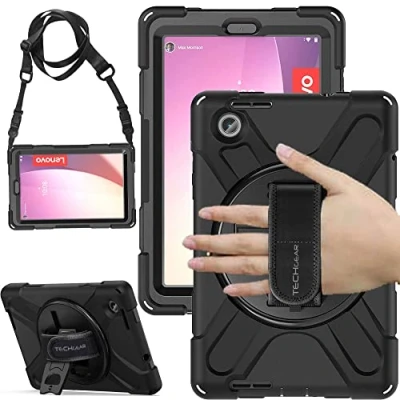 Abbildung von TECHGEAR X Hülle für Lenovo Tab M8 4. Generation 2023 (8,0 Zoll) TB300/TB300FU/TB300XU, Robust Stoßfeste Schutzhülle mit 360 Grad Schwenkständer, Hand Schultergurt Eingebaut Bildschirm Schwarz