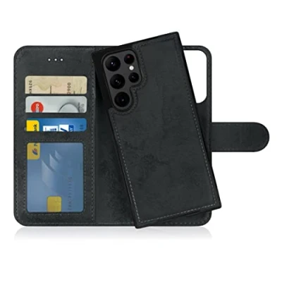 Abbildung von MyGadget Flip Case für Samsung Galaxy S22 Ultra [ abnehmbare Magnet Hülle ] Handyhülle aus Kunstleder Klapphülle mit Kartenfach Schutzhülle in Grau Schwarz