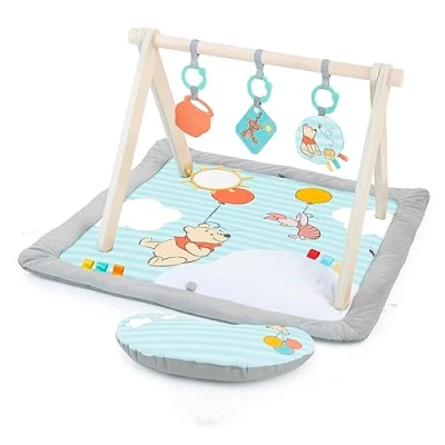 Abbildung von Bright Starts Disney Winnie PUUH Once Upon a Tummy Time Baby Aktivitätenmatte mit Spielzeugstange aus Holz, Blau, Neugeboren