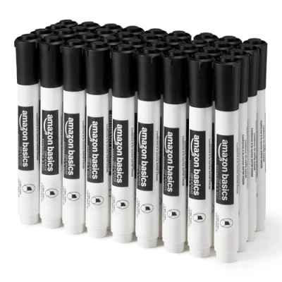 Abbildung von Amazon Basics Whiteboard Marker, geruchsarm, trocken abwischbar, Keilspitze, Schwarz, 36 Stück